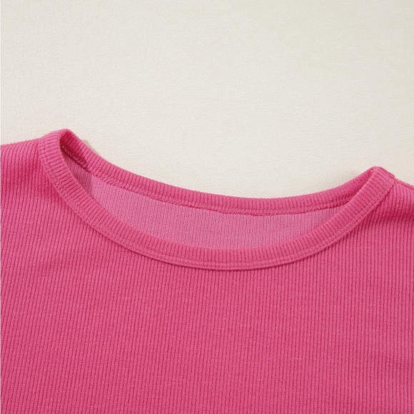 Sachet Pink Flower Patchwork Ruffled
Sleeve Ribbed Knit Drop Shoulder Top Boho - Picture 7 of 11